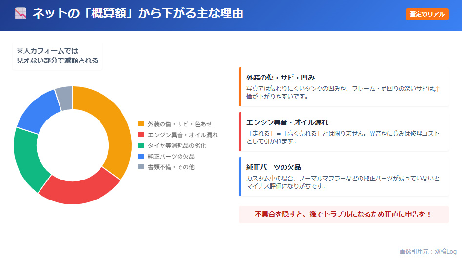 バイクの概算査定額から実際の買取価格が減額される主な要因と割合のグラフ