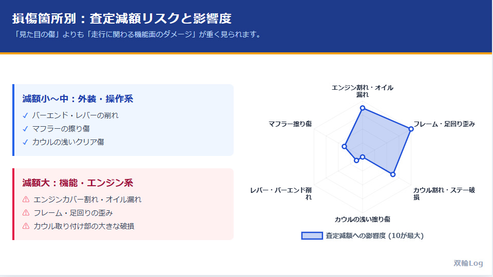立ちゴケによるバイク各部の損傷が査定減額に与える影響度を示すレーダーチャート(機能面のダメージが大きい)