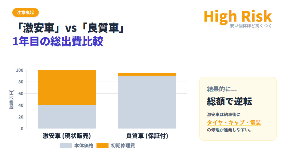 激安車と良質車の1年目総出費比較。本体40万円の激安車は修理費がかさみ、結果的に総額で良質車を上回るグラフ。