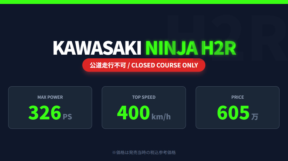 カワサキNinja H2Rのスペック概要。最高出力326馬力、最高速400km/h、価格605万円の公道走行不可モデル。