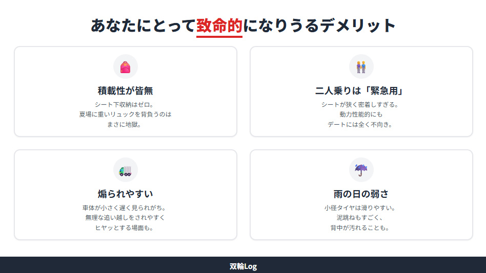 グロムの致命的なデメリット4選。積載性のなさ、二人乗りの困難さ、雨天時の泥跳ね、煽られやすさのリスク。