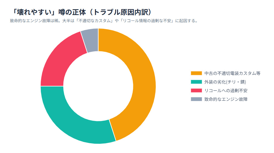 Vストローム250SXの「壊れやすい」という噂の実際の原因内訳円グラフ。不適切な電装カスタムや外装劣化が多く、致命的なエンジン故障はごくわずかであることを示している。