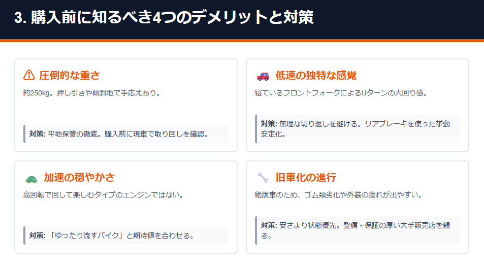 シャドウ400を購入する前に知っておくべき4つのデメリット（重さ、低速の独特さ、加速、旧車化）とその具体的な対策。