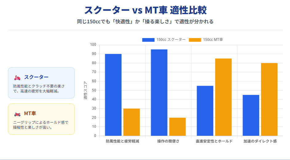 150ccバイクのスクーターとMT車の高速道路適性比較グラフ（防風性