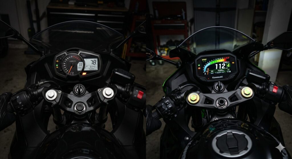 ライダー目線で見た、2台のバイクのメーターパネル周辺の左右分割の比較写真。 左側（通常モデル）：物理的な針を持つアナログのタコメーターと、シンプルな白黒の液晶画面の組み合わせ。少し旧式のデザイン。 右側（上位モデル）：最新鋭の4.3インチ・フルカラーTFT液晶メーター。画面内にはデジタルスピードメーター、鮮やかなカラーのバーグラフ式タコメーター、ギアポジションなどがくっきりと表示され、先進的な光を放っている。