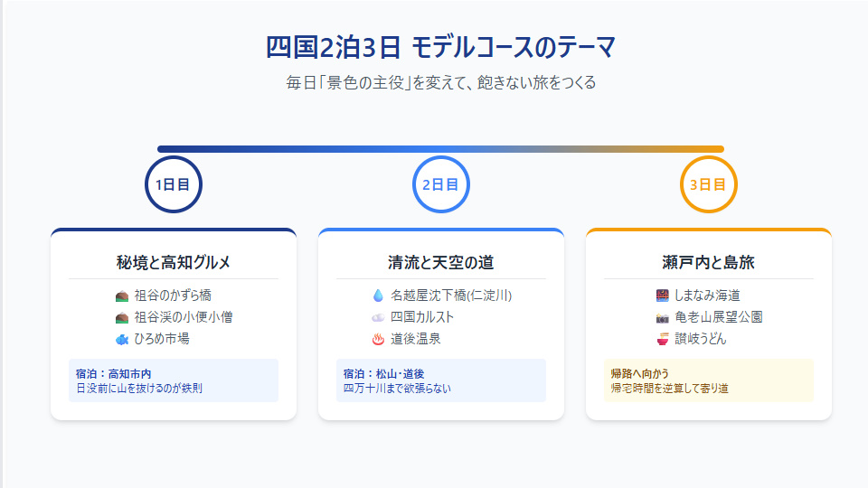 四国ツーリング2泊3日モデルコースの全体像（祖谷、仁淀川、四国カルスト、しまなみ海道）