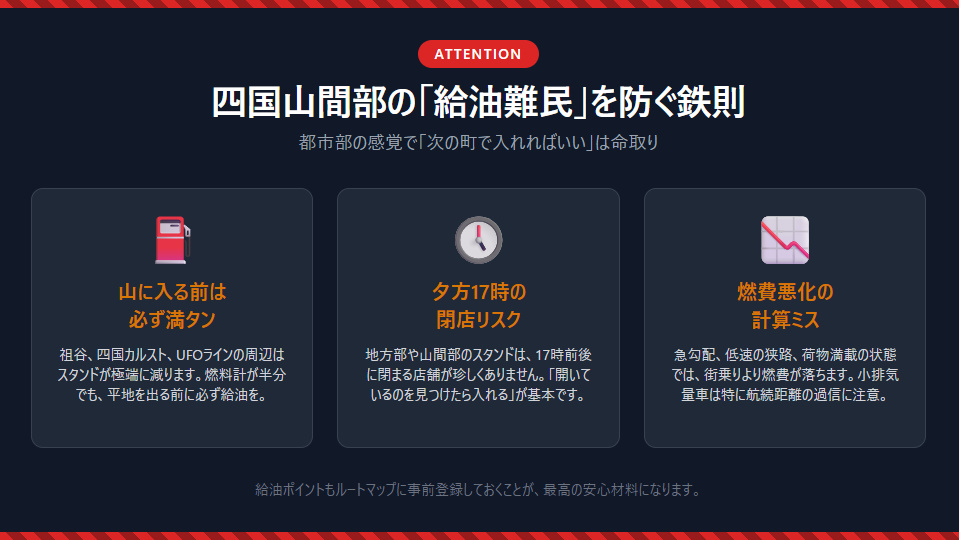 四国の山間部ツーリングにおける給油タイミングと夕方の閉店リスク