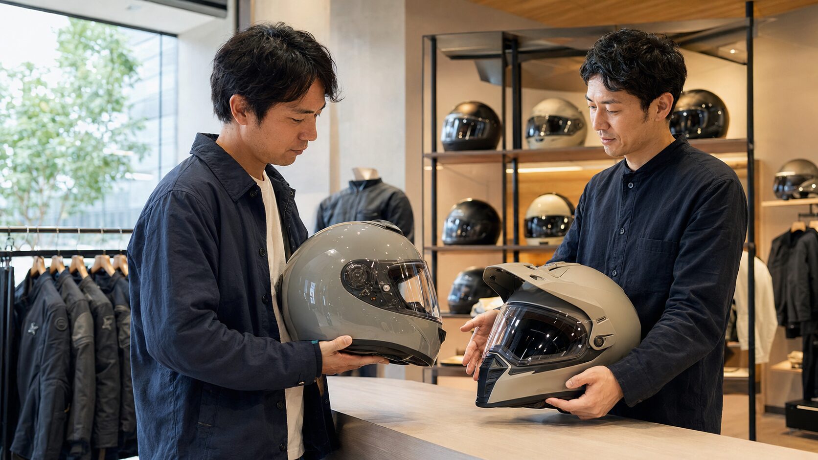 専門店で丸い帽体の高品質ヘルメットを比較する日本人ライダー