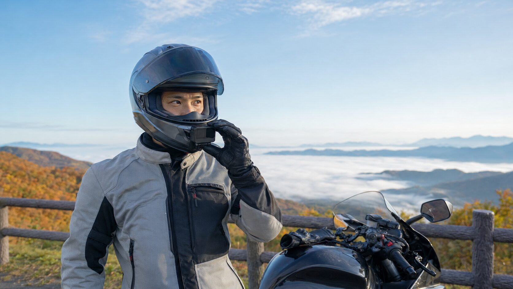 ヘルメットカメラを装着して走行記録を残す日本人ライダー