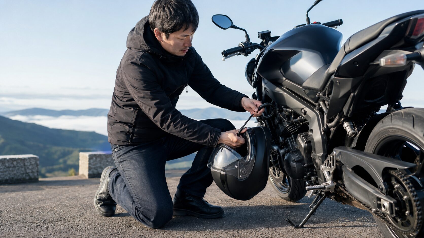 ツーリング先でバイクにヘルメットを固定する日本人ライダー