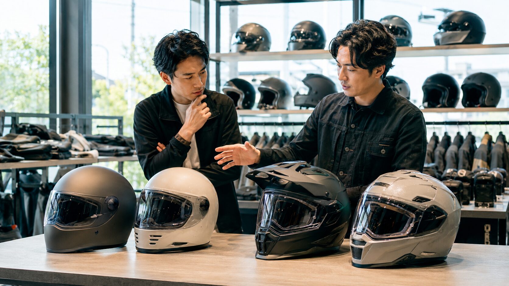 専門店で複数メーカーのバイクヘルメットを比較する日本人ライダー
