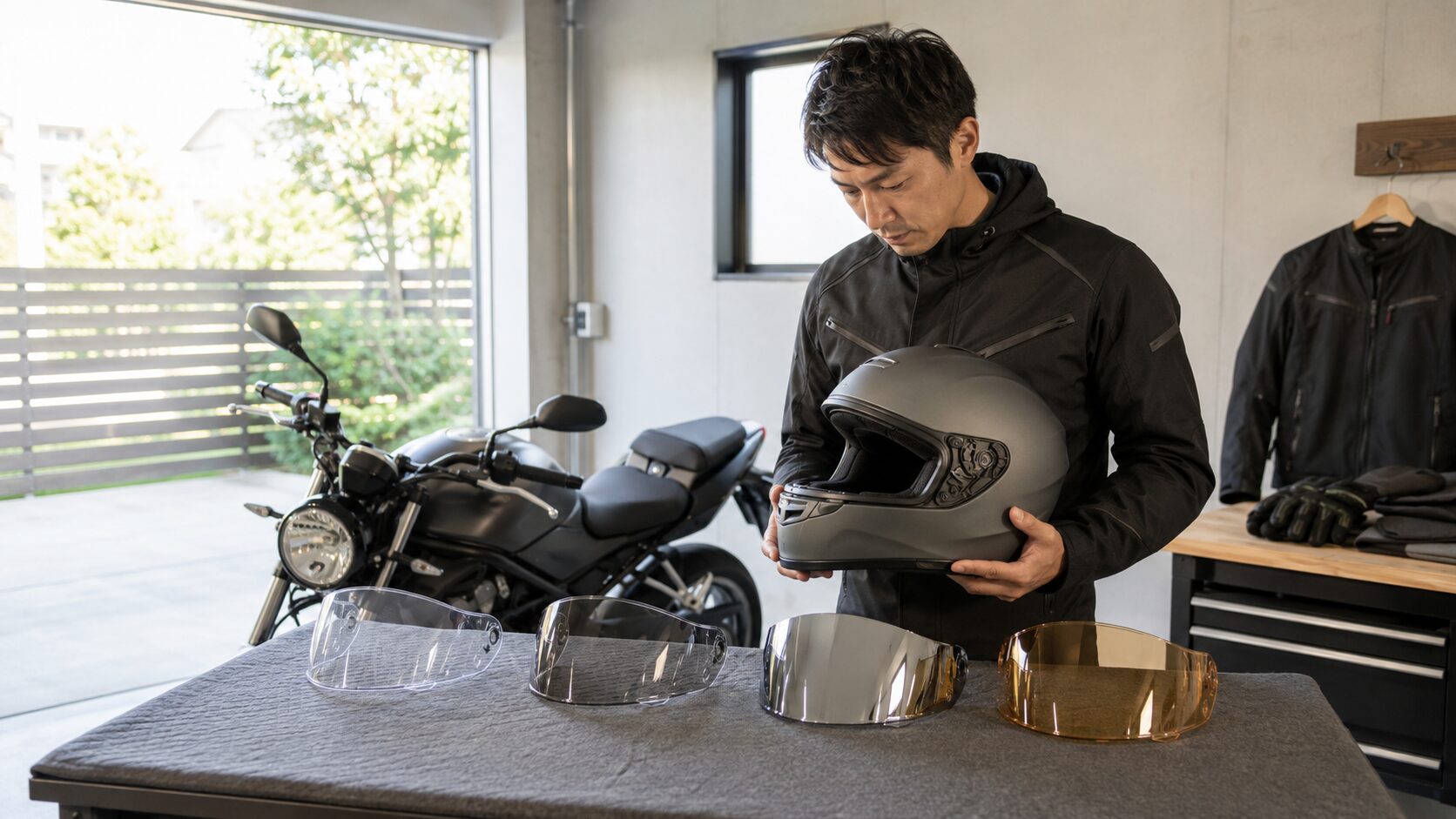 バイクヘルメットのシールドを比較する日本人ライダー