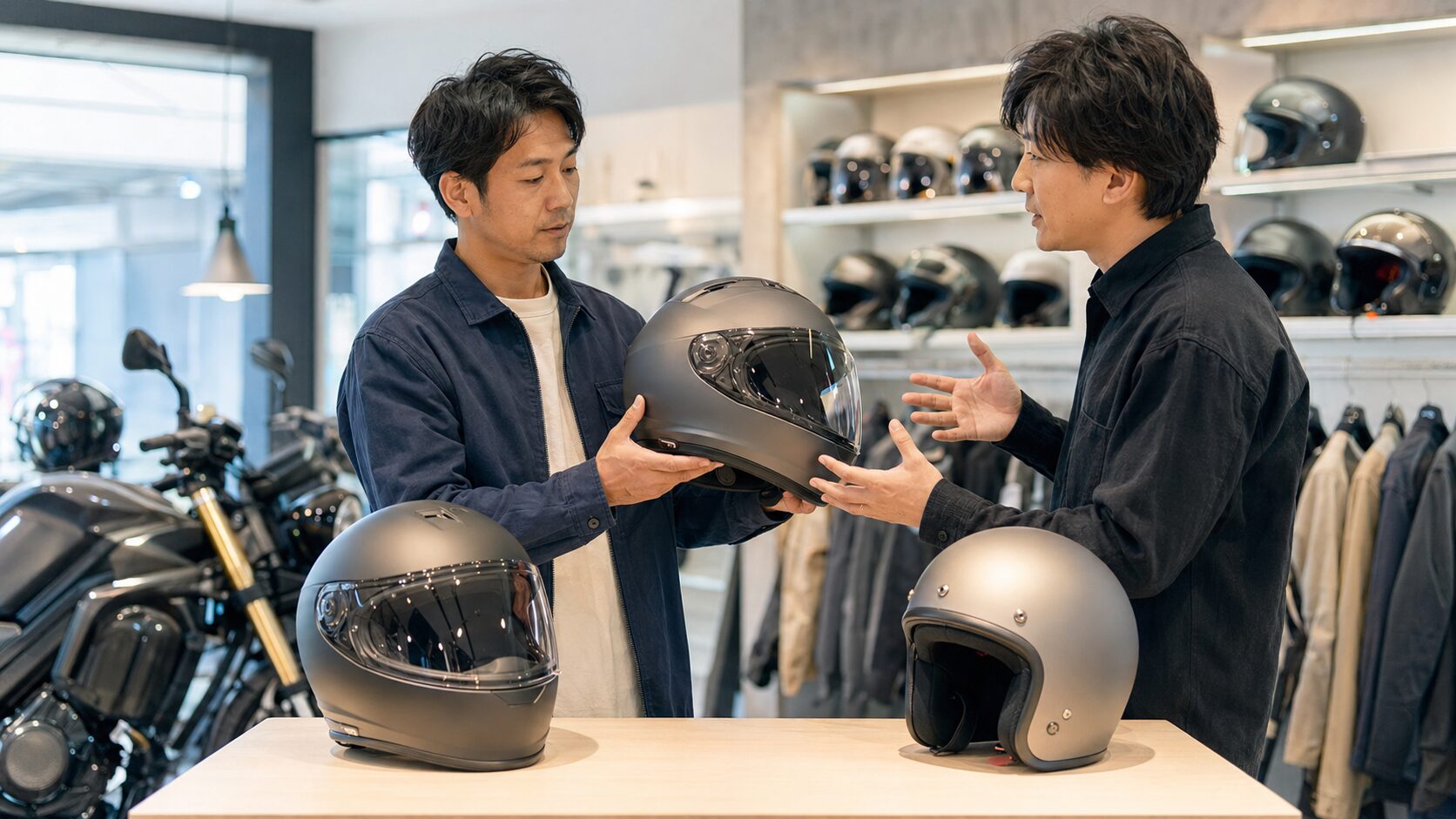 専門店で高品質なバイクヘルメットを比較する日本人ライダー