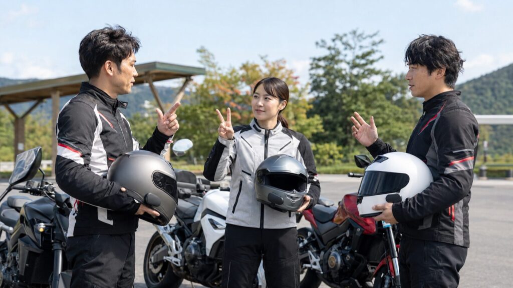 出発前にバイク用インカムを設定する日本人ライダーグループ