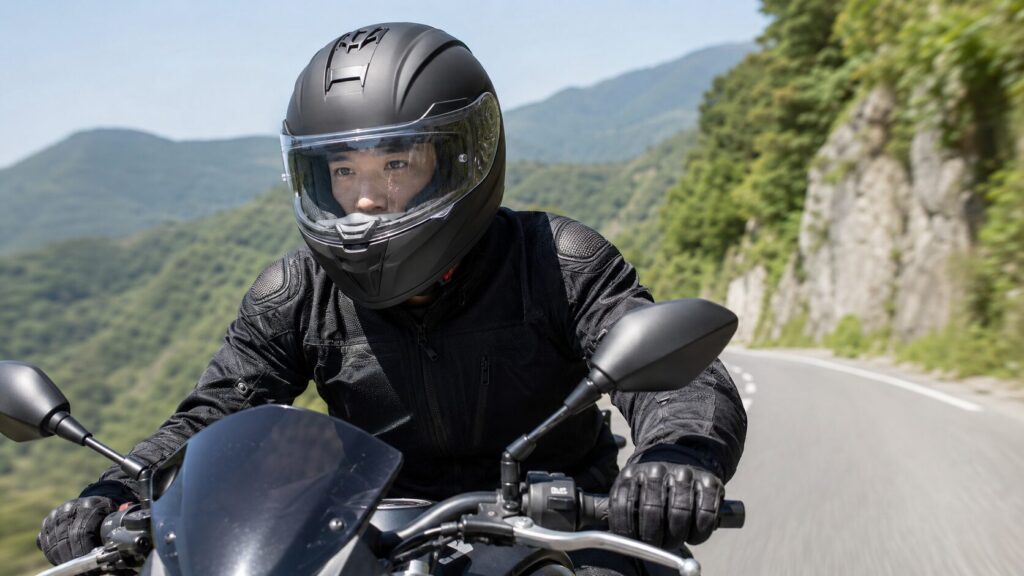 クリアシールドで山道を走る日本人ライダーの明るい視界

