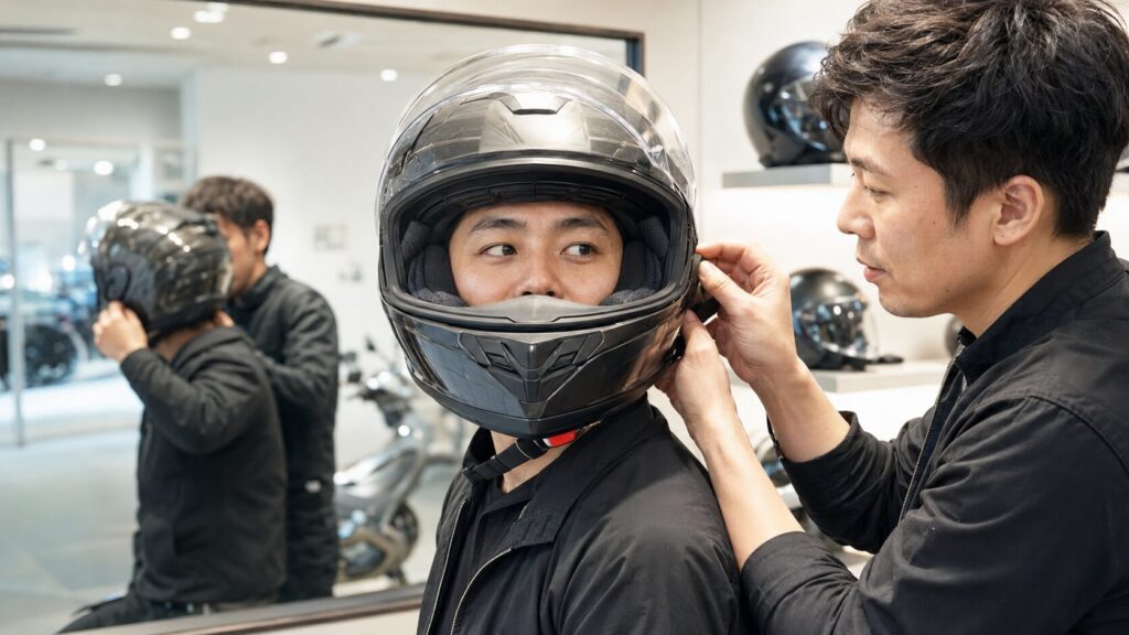 専門店でフルフェイスヘルメットを試着する日本人ライダー