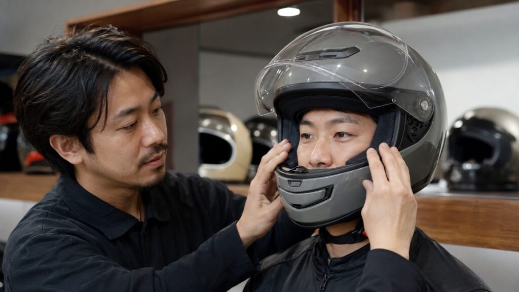 専門店で丸い帽体のフルフェイスヘルメットを試着する日本人ライダー
