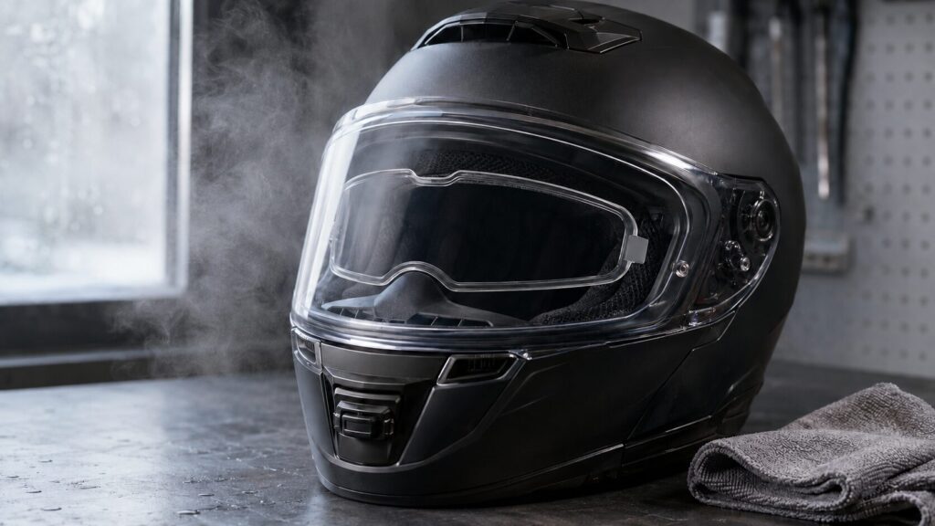 防曇シートを装着したバイクヘルメットの曇り対策
