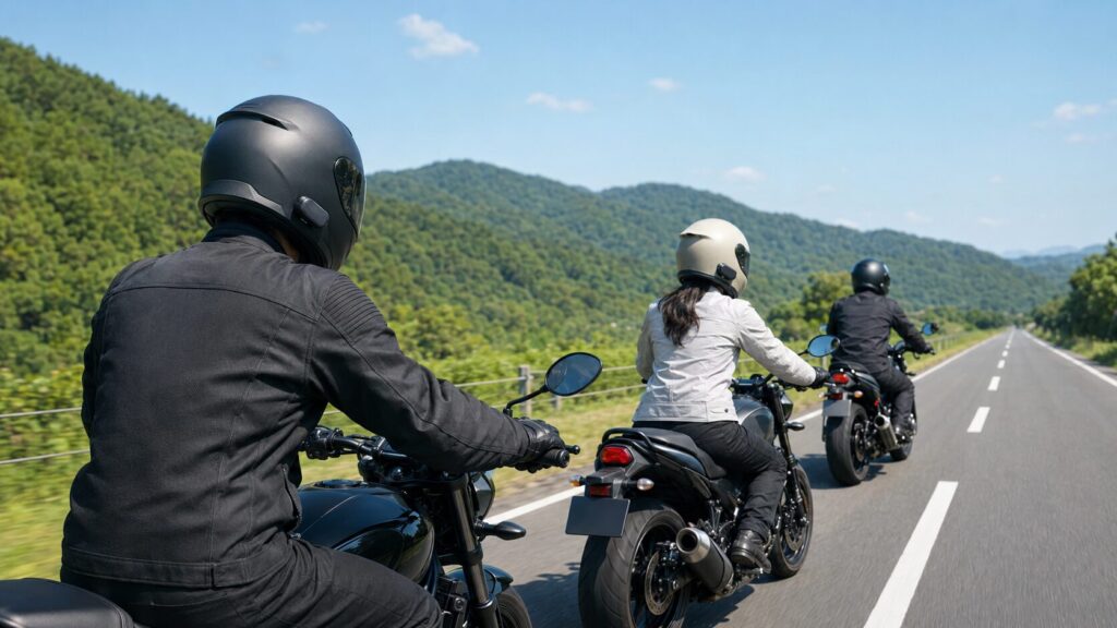 インカムで連絡を取りながら安全に走る日本人ライダーグループ
