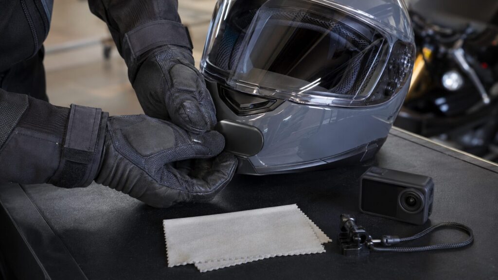 穴開けせずヘルメットへカメラマウントを固定する日本人ライダー
