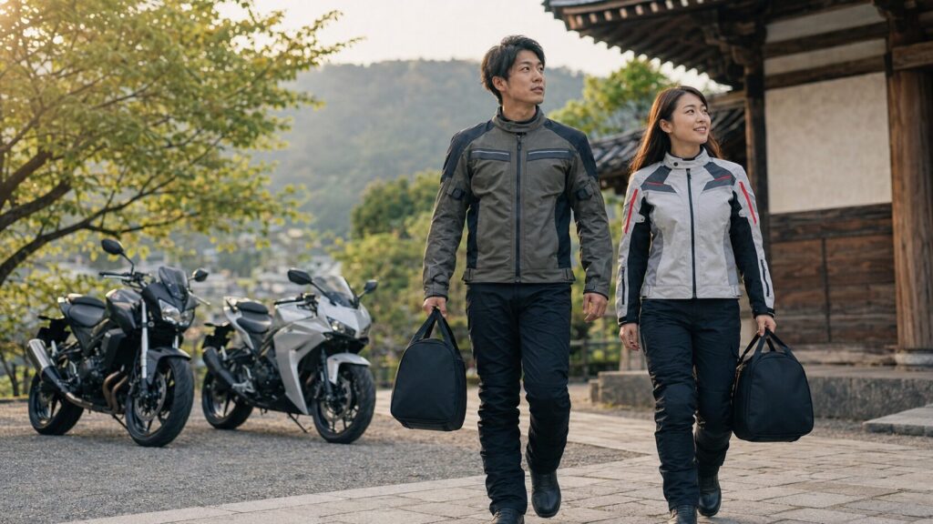 観光中の長時間停車に備えてヘルメットバッグを持つ日本人ライダー