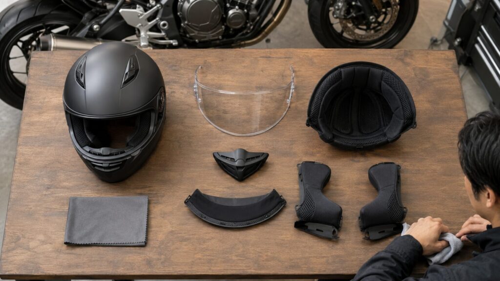 シールドや内装などバイクヘルメットの交換部品と手入れ用品