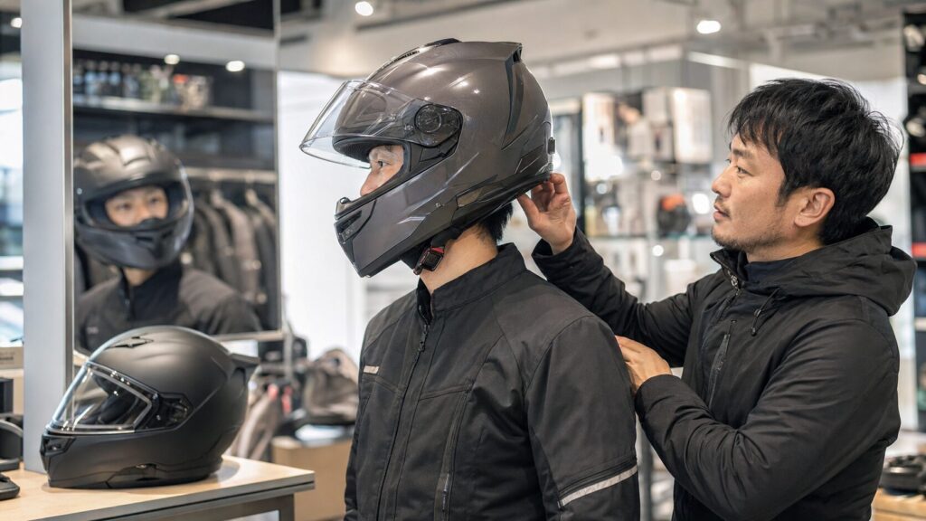 専門店でシステムヘルメットの重心とフィットを確認する日本人ライダー