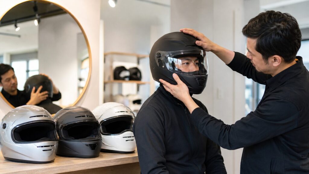 専門店で複数メーカーのヘルメットを試着比較する日本人ライダー