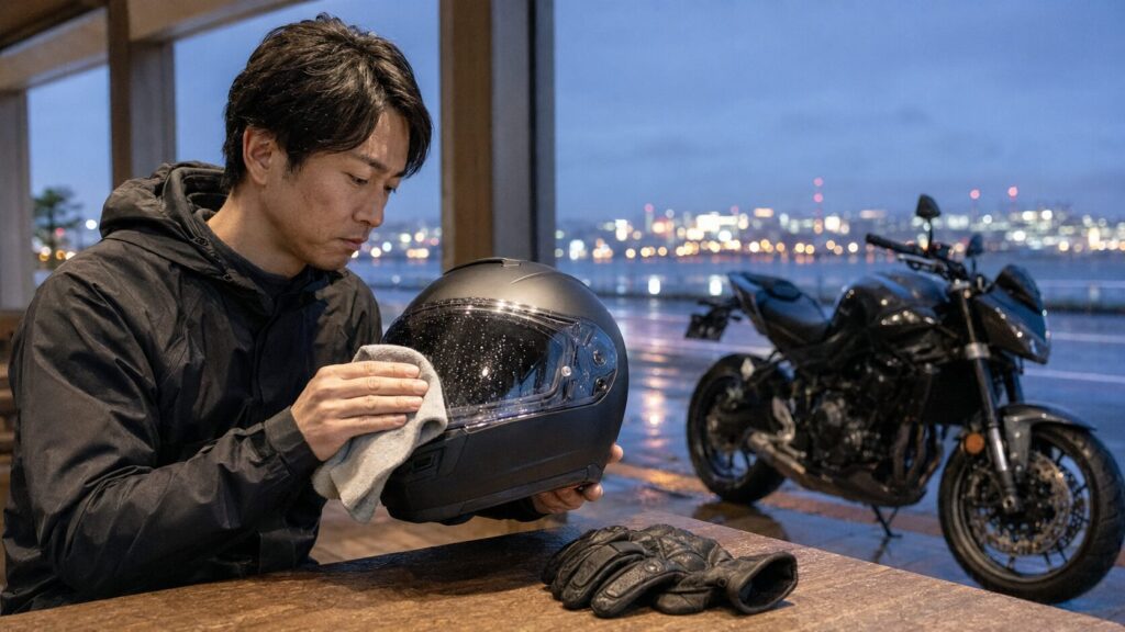 雨天走行後にヘルメットシールドを手入れする日本人ライダー
