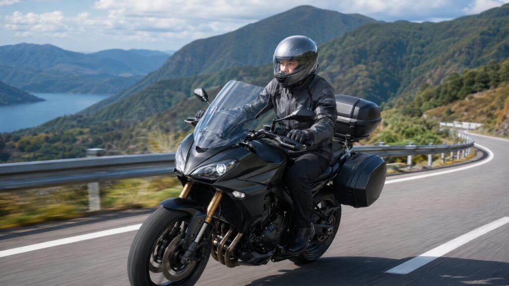 丸い帽体のフルフェイスヘルメットで山道を走る日本人ライダー
