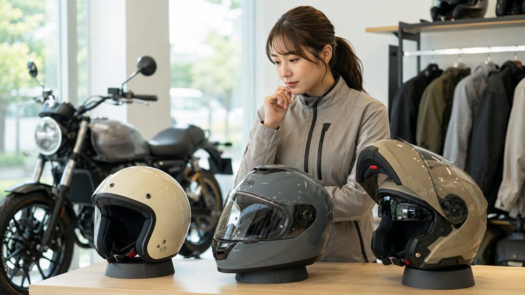 ジェットとフルフェイスとシステムヘルメットを比較する女性ライダー