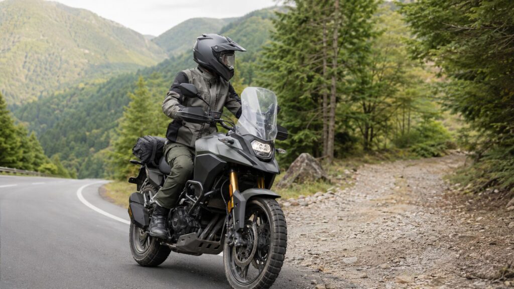 舗装路から林道へ走る日本人ライダーとシールド付きオフロードヘルメット