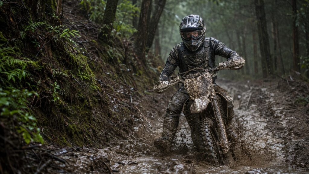 雨と泥の林道をロールオフゴーグルで走る日本人オフロードライダー