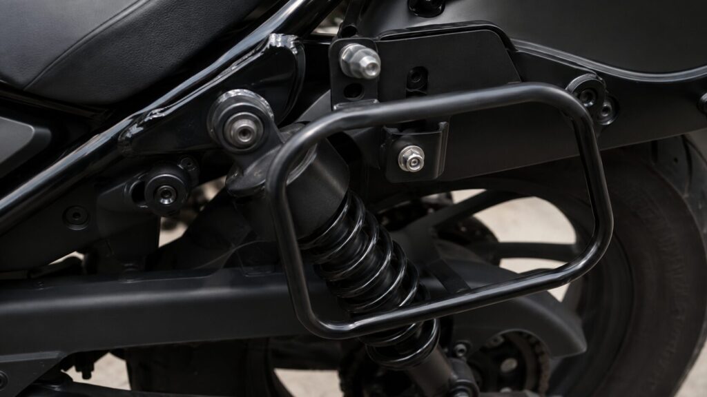 レブル250風バイクのリアサスペンション周辺に装着されたサドルバッグサポート