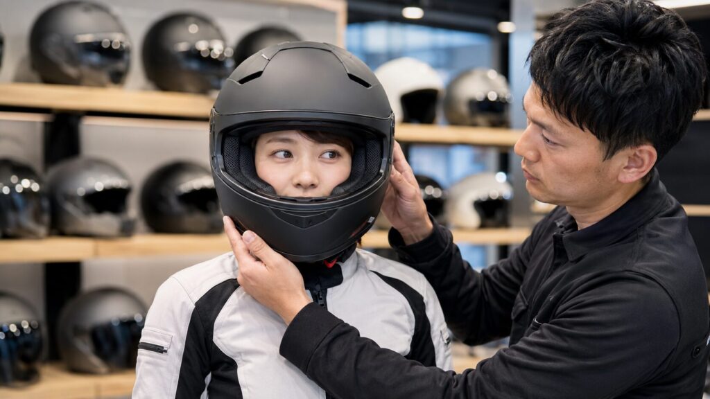 店舗でバイクヘルメットのフィット感を確認する日本人ライダー