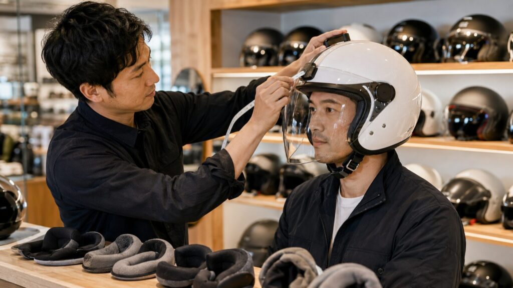 専門店でジェットヘルメットのサイズ調整を受ける日本人ライダー