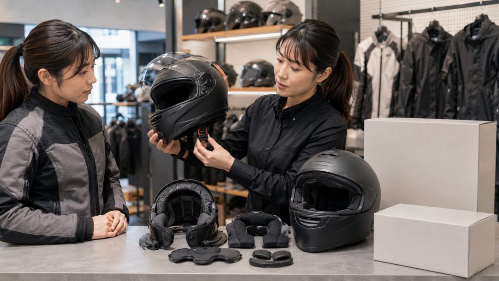 バイクヘルメットのあごひもや内装など安全性を確認する様子