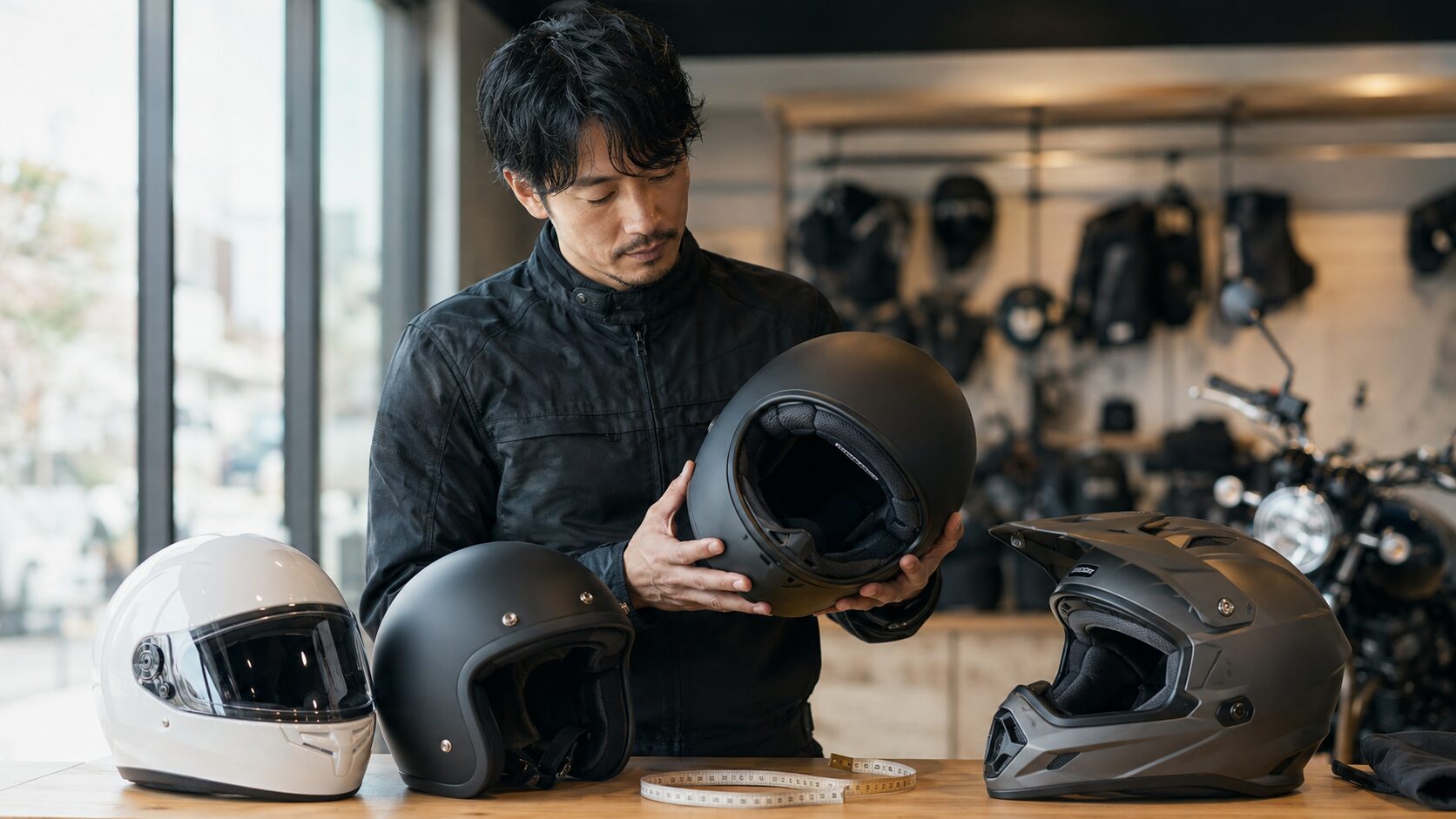 バイクヘルメットのサイズと形状を比較する日本人ライダー