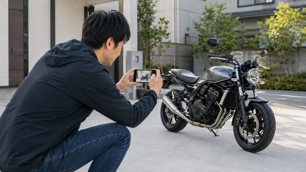 明るい場所でバイク査定用の車体写真を撮影する日本人オーナー
