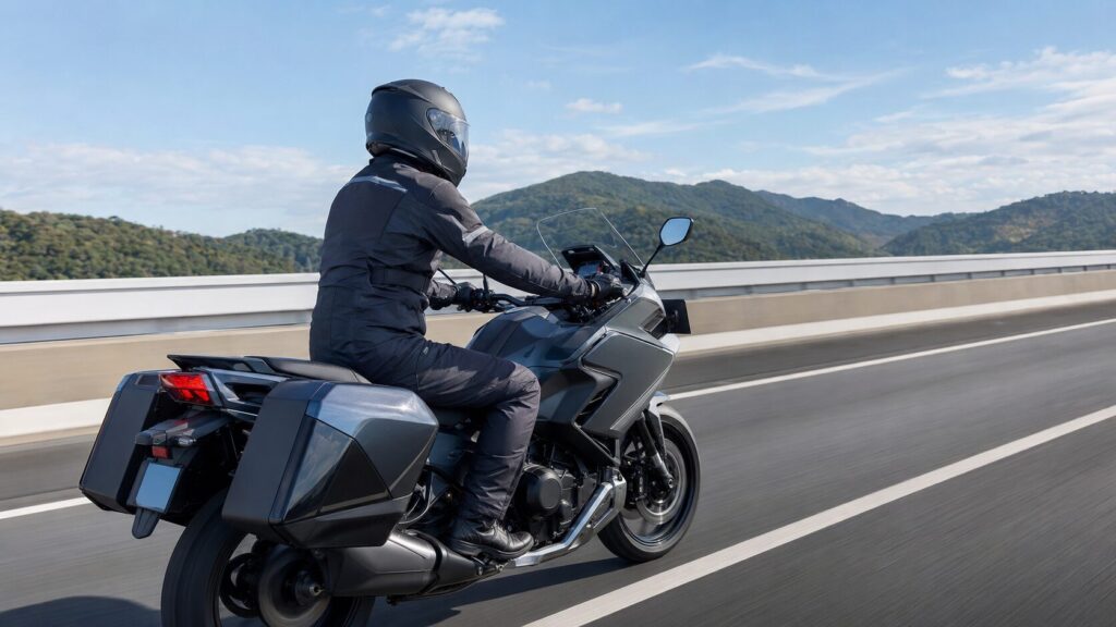 高速道路で軽量フルフェイスヘルメットを着用する日本人ツーリングライダー