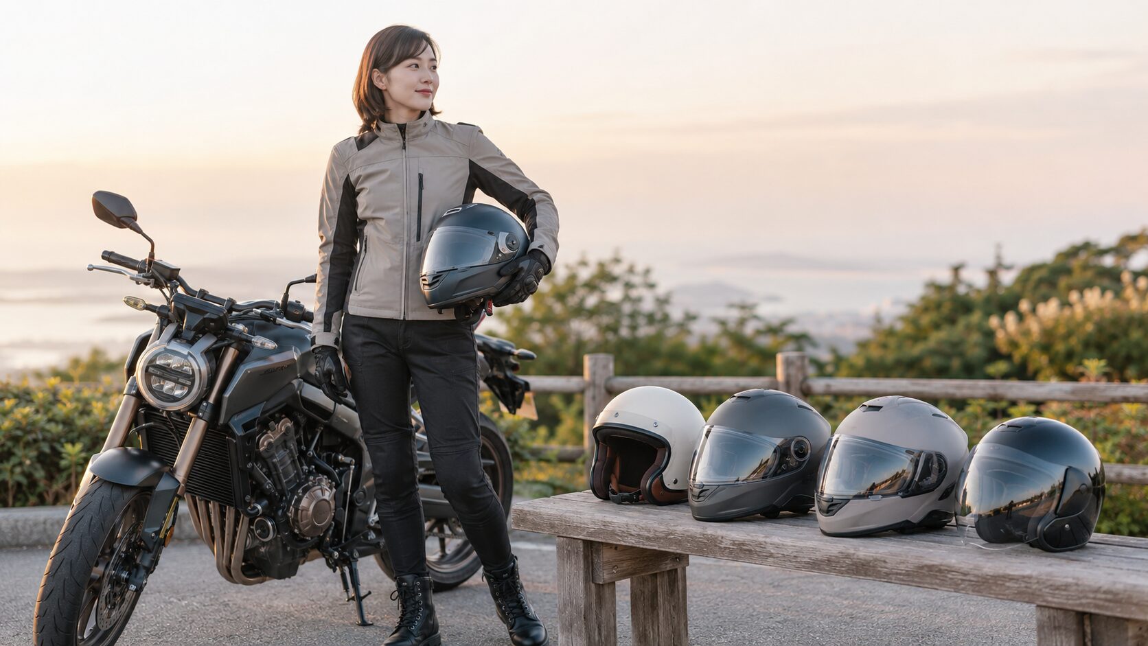 女性ライダーがフルフェイスやジェットヘルメットを比較する様子