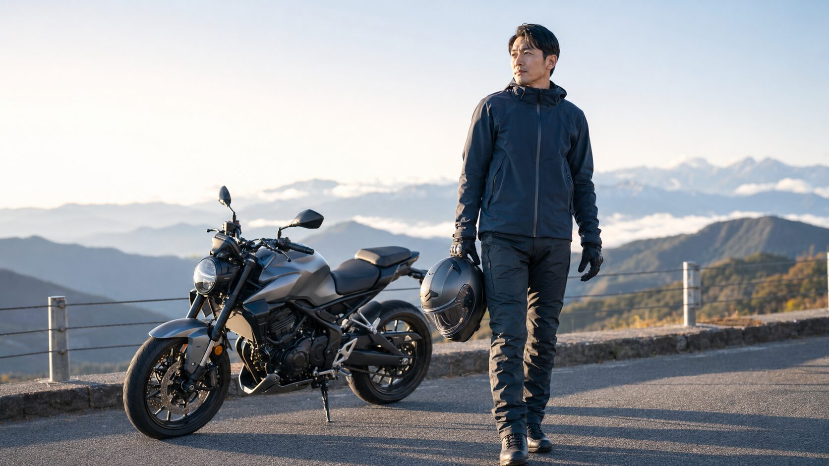 軽量バイクヘルメットを持ってツーリングへ出発する日本人ライダー