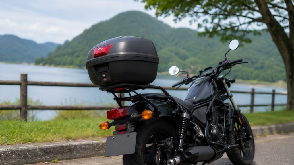 湖畔に停めたレブル250風バイクとリアキャリアに装着したトップケース