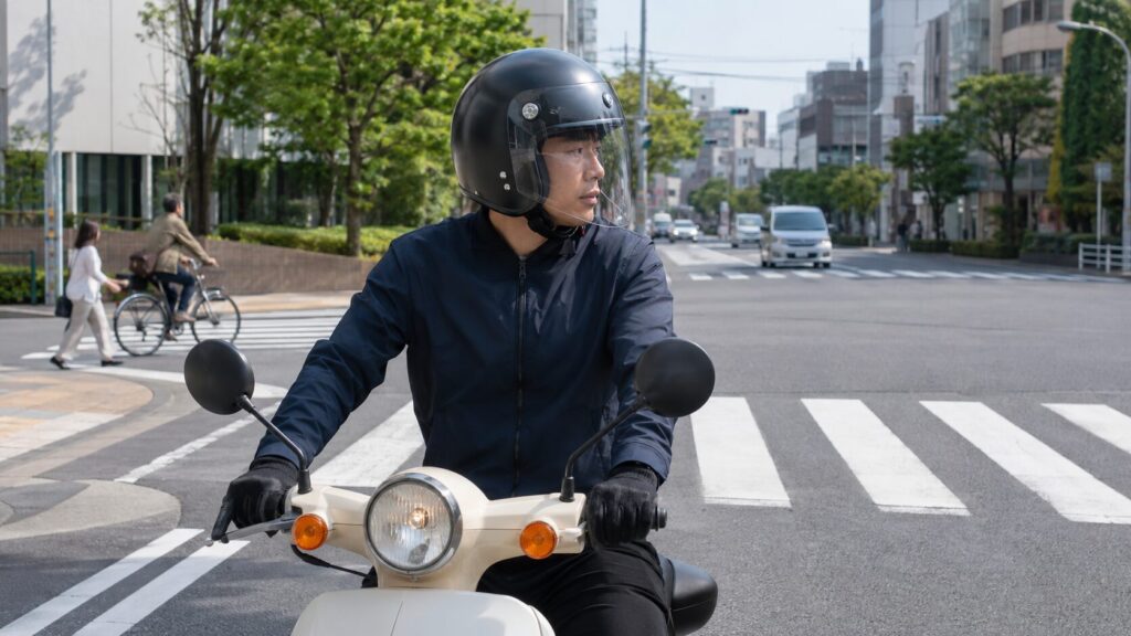 ジェットヘルメットで市街地の周囲を確認する日本人ライダー