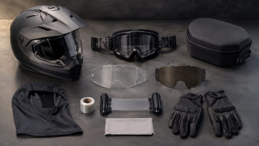 オフロードヘルメットとゴーグルや予備レンズをそろえた装備一式