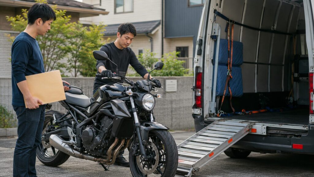 売却決定後に買取業者へバイクと必要書類を引き渡す様子