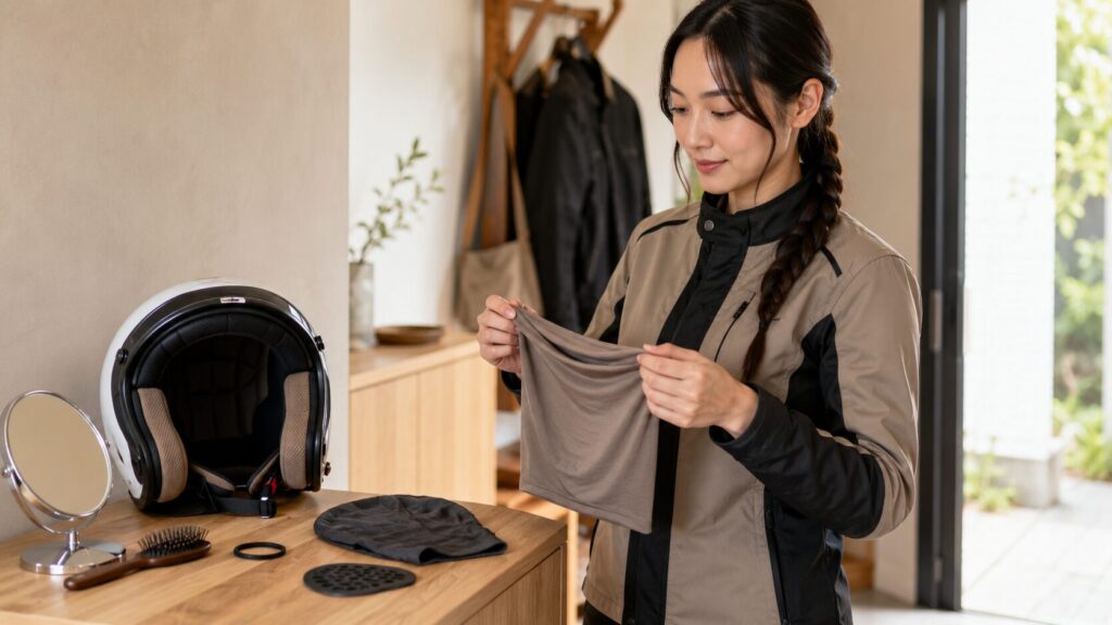 女性ライダーがヘルメットによる髪型とメイク崩れを対策する様子