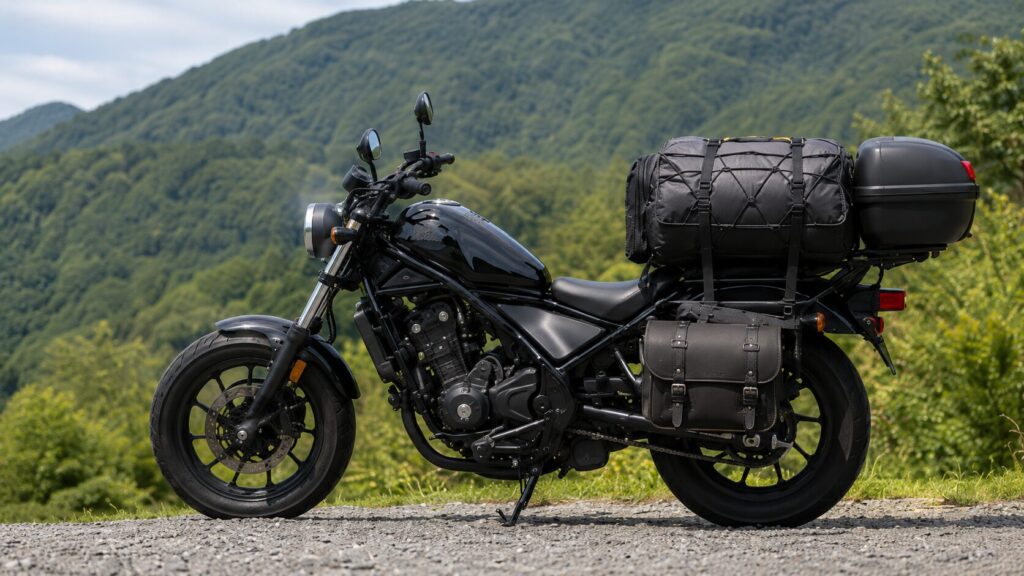 山道に停めたレブル250風バイクにシートバッグとサイドバッグを積んだキャンプ積載カスタム