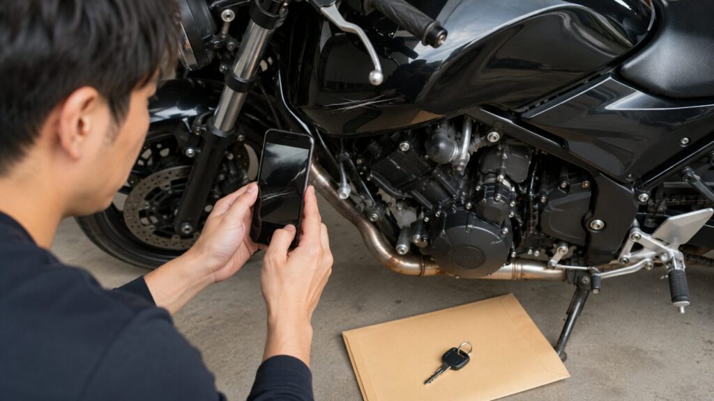 バイク査定前に車体の傷やサビを撮影して正確に申告する様子