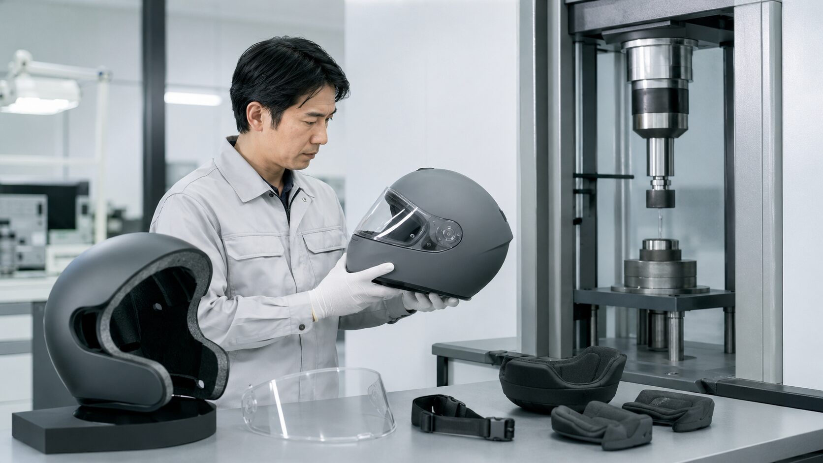 試験設備でバイクヘルメットの安全性を確認する日本人技術者